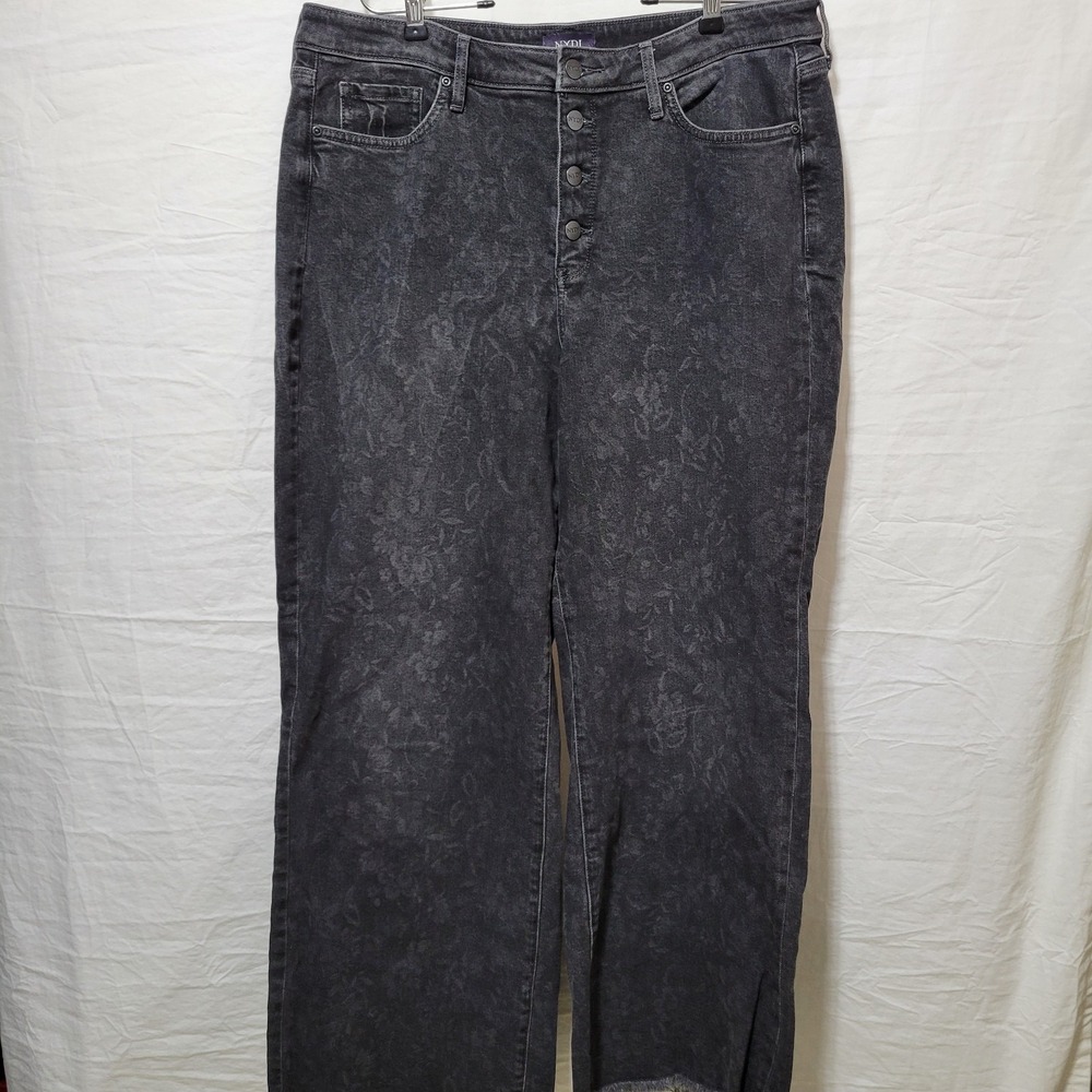 NYDJ Teresa Wide Leg Jeans Grey Province Floral Sz 12 Boho LiftTuck Raw Hem